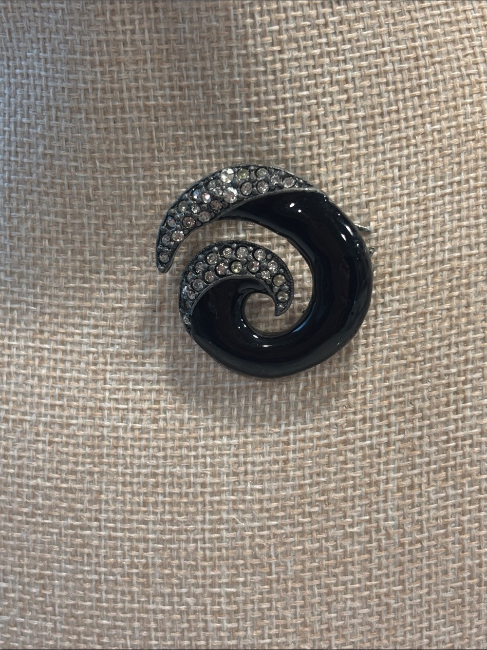Vintage OTC International Modernist Swirl Brooch Black Enamel Rhinestone Pin